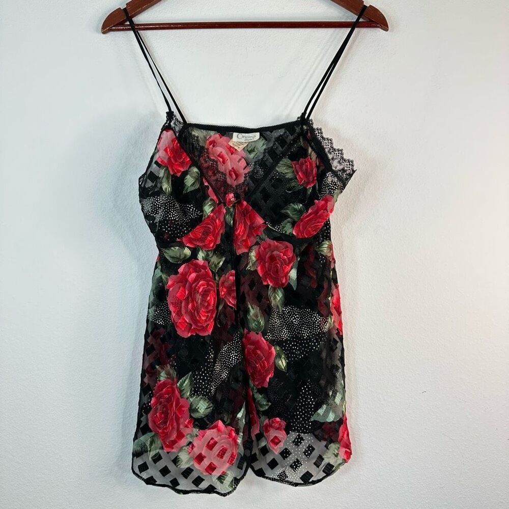 Vintage 90s Cinema Etoile Black Sheer Floral Babydoll Chemise Slip Medium